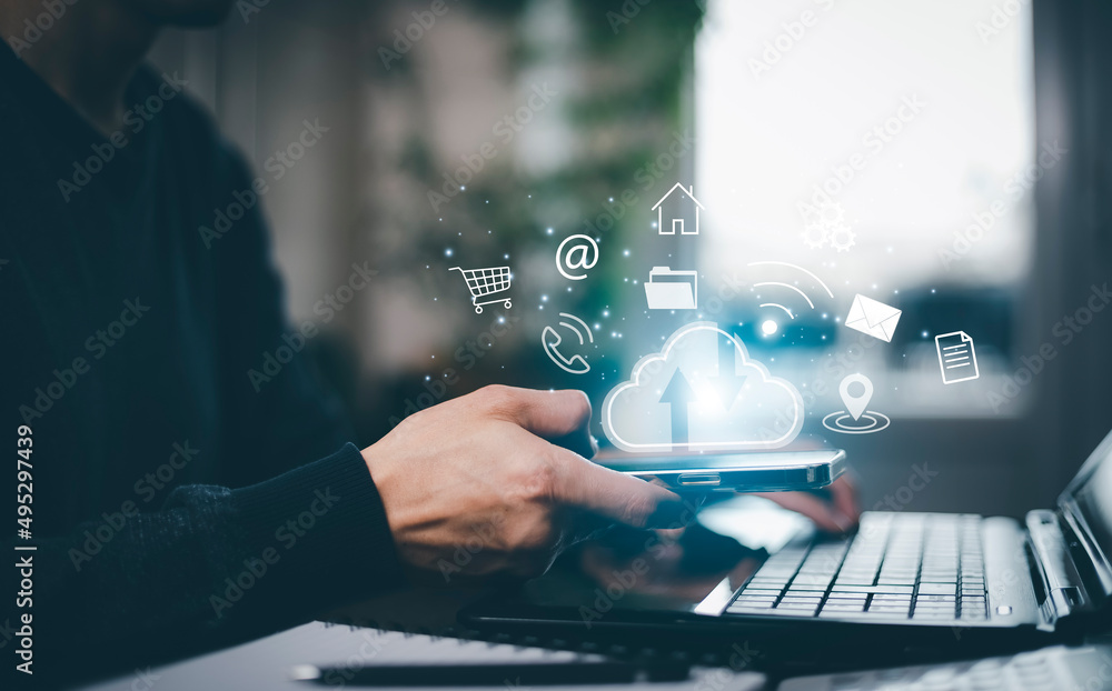 Poster smart phone connect to data information on the cloud computing technology internet storage network c