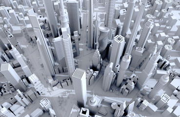 Modern city with skyscrapers, office buildings and residential blocks. 3D rendering illustration look down on the city