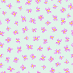 Little ditsy daisy seamless repeat minimal pattern. Random placed, vector flowers all over surface print on light green background.