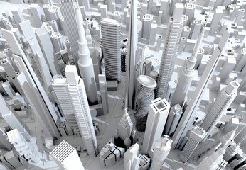 Modern city with skyscrapers, office buildings and residential blocks. 3D rendering illustration areal view