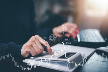 Concept of tax payment optimisation business finance,Man using calculator and taxes icon on...