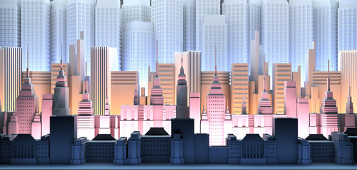Modern city with skyscrapers and periodic buildings, office and residential blocks. 3D rendering illustration, panoramic view