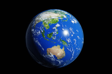 Planet Earth 3D rendering illustration. Planet lit up with sun light, showing Australia and Asia 