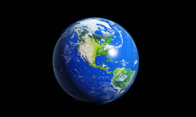 Planet Earth 3D rendering illustration. Planet lit up with sun light.  America continent