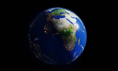 Planet Earth 3D rendering illustration. Planet lit up with sun light, showing Africa