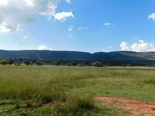 Mountains,  African green Bushveld, landscape with lake and scattered white clouds, in South Africa, North West
