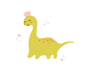 Cute little dinosaur girl drawn in doodle style. Funny vector dino princess illustration for kids textile, prints, posters