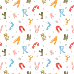 Cute childish seamless pattern with hand drawn textured English letters. Funny vector print for textile, wrapping paper or educational projects