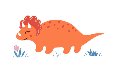 Cute baby dinosaur t-shirt design. Triceratops girl drawn in doodle style and isolated on white background. Vector illustration for fashion fabrics, textile, prints