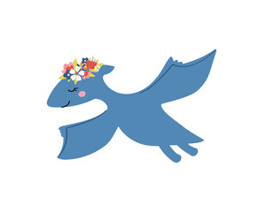 Cute little flying pterodactyl vector illustration. Dinosaur girl drawn in doodle style. Funny vector graphic for kids textile, prints, posters © Plameniya