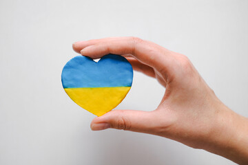 female hand holds the flag of ukraine in the shape of a heart on a white background. Support for the people of Ukraine
