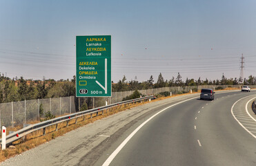 highway road sign for the Larnaka city, Cyprus