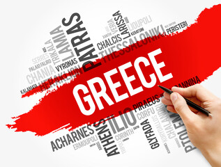 List of cities and towns in Greece, word cloud collage, business and travel concept background