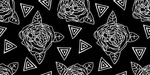 Seamless graphic pattern with camellia blossom and geometric shapes drawn in one line white color on black.Cute background and texture for printing on fabrics and paper.Hand drawn vector illustration.