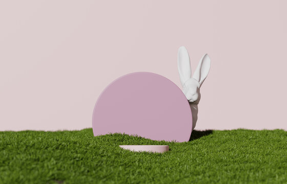 3D display podium pastel pink  background, Easter bunny on natural green grass. Rabbit ears. Nature minimal pedestal, beauty, cosmetic product presentation. Spring banner. Feminine template 3d render.