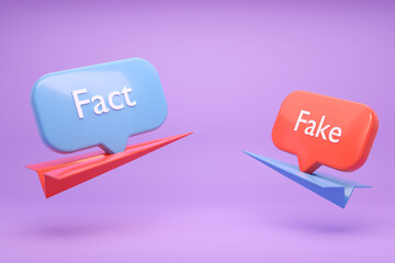 Fact or Fake concept. Planes with Blue and red speech bubbles on lilac background. 3d rendering illustration.