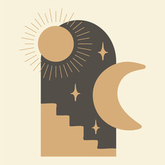 Modern minimalist abstract aesthetic illustrations. Bohemian style wall decor. Moroccan stairs, arch