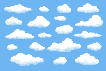 Cartoon fluffy clouds. Cumulus cloudy shapes different sizes. Rounded composite objects on blue sky. Atmospheric phenomena. Heaven evaporation. Vector cloudscape isolated elements set