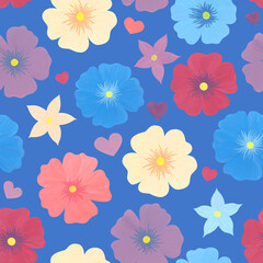 Obraz premium Bright spring flowers and hearts. Floral pattern on blue background. Watercolor drawing in a naive style. I
