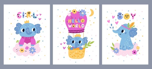Childish elephants cards. Jungle animals characters. Newborn girl or boy mammal. Cub fly in hot air balloon. Baby shower. Hello world. Birthday banners with text. Vector postcards set