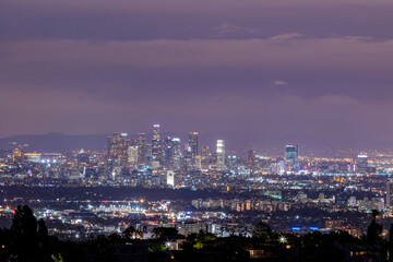 Twilight view of Los Angeles downtown skyline from Getty View Park