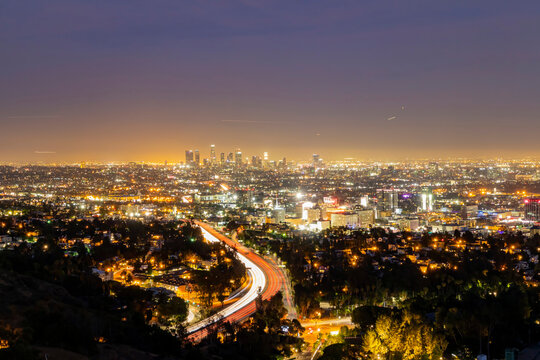 Night high angle view of the Los Angeles cityscape from hollywood bowl