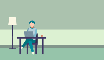 部屋　パソコンを使う男性　人物フラットイラスト　デスクワーク　調べる　Working at home