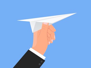 Hand holds paper plane. White airplane throwing. Blue sky background. Human arm. Origami aircraft flight. Startup concept. Launching new project. Traveling and messaging. Vector poster