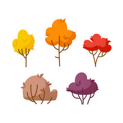 Obraz na płótnie Canvas Set of cute cartoon trees and bushes with foliage in warm vibrant colors. With shadows and texture effect. For stickers, posters, postcards, design elements.