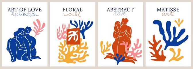 Matisse posters. Contemporary arts. Minimalistic naked people. Hugging couples and corals plants. Botanical shapes. Abstract compositions. Silhouette lovers bodies. Vector cards set