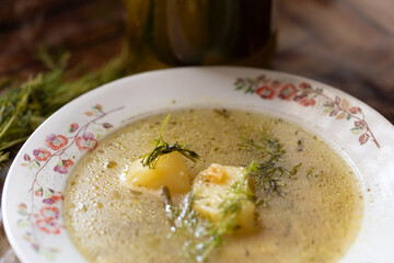 traditional cucumber soup with potatoes and dill starter ukrainian and polish soup homemade dinner sour cucumber ogórki kiszone