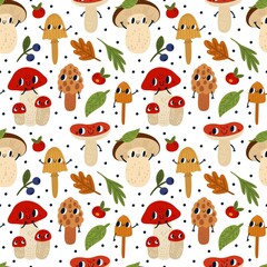 Mushrooms seamless pattern. Funny cartoon characters with eyes and hands, cute forest plants, kids wallpaper and print, autumn botanical elements white background. Vector wrapping paper