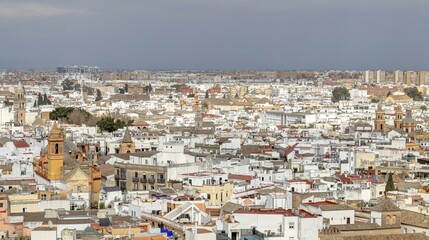Fototapeta na wymiar la ville de Séville vue depuis les hauteurs de la cathédrale avec ses toits, ses rues et ses églises