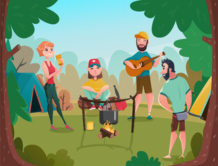 Tourists around the campfire. 
Sitting with guitar. Summer, travel, 
camp. Vector illustration