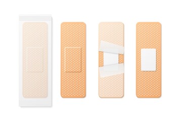 Realistic medical patch. Injury bandage. Skin color plasters. Classical shape in package. Perforated pharmaceutical bands. Wounds protection. Vector antibacterial sticker tapes set