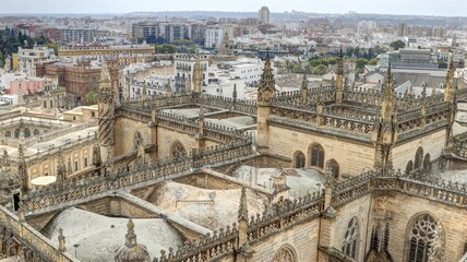 Fototapeta na wymiar la ville de Séville vue depuis les hauteurs de la cathédrale avec ses toits, ses rues et ses églises