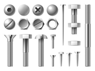 Realistic metal bolts. Steel nuts and screws. Nails or rivets. Round or hexagonal metallic caps. Chrome fixing devices. Repair tools. Hardware collection. Vector fastening elements set - obrazy, fototapety, plakaty