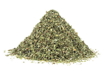 Pile of dried of marjoram leaves isolated on a white background. Marjoram spice.