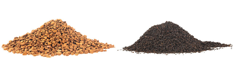 Pile of instant coffee granules and dry black tea leaves isolated on a white background. Sublimated coffee and Kenyan Black tea.
