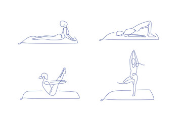 Pilates line art poses set. outline vector illustration. one line yoga poses collection. women make yoga and pilates. yoga mat