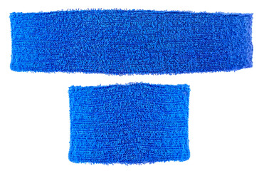 Cotton training headband and wristband isolated on a white background, blue color. Sport equipment.