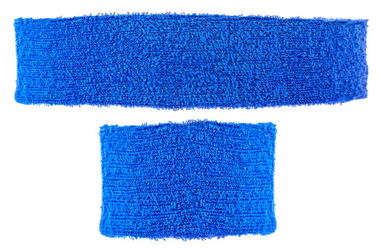 Cotton Training Headband And Wristband Isolated On A White Background, Blue Color. Sport Equipment.