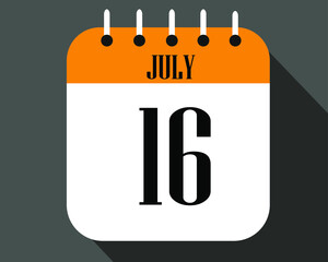 July day 16. calendar number on a white paper with orange color border on a black background vector.