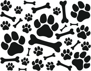 Fototapeta na wymiar Seamless endless vector pattern of traces of dog paws. Big large dog legs and bones. Monochrome