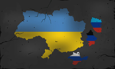 Obraz premium Crimea, Lugansk and Donetsk republics separated from Ukraine. Crisis, civil war and humanitarian catastrophe. Political and economic problems. The collapse of the state. Map with flag on the wall 