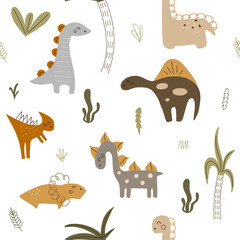 Vector hand drawn colored seamless repeat childish pattern with cute dinosaurs and nature elements in scandinavian style on white background. Children's pattern with dinosaurs. cute baby animal