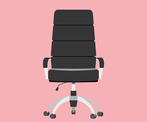 Front view office chair. Comfortable black leather swivel chair with high back and handrails. Working interior furniture. Cartoon vector flat illustration isolated