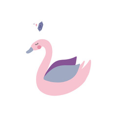 Cute swan in cartoon style on a white background. Vector illustration with a beautiful bird.