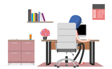 The girl is sitting at a workplace in a modern office. Cabinet. Creative workspace, office interior. Contemporary coworking center with computer. Colorful vector illustration
