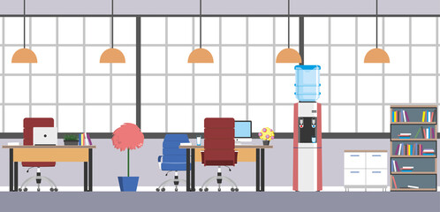 Modern open space. Empty office interior. Contemporary creative workplace. Co-working center. Cabinet